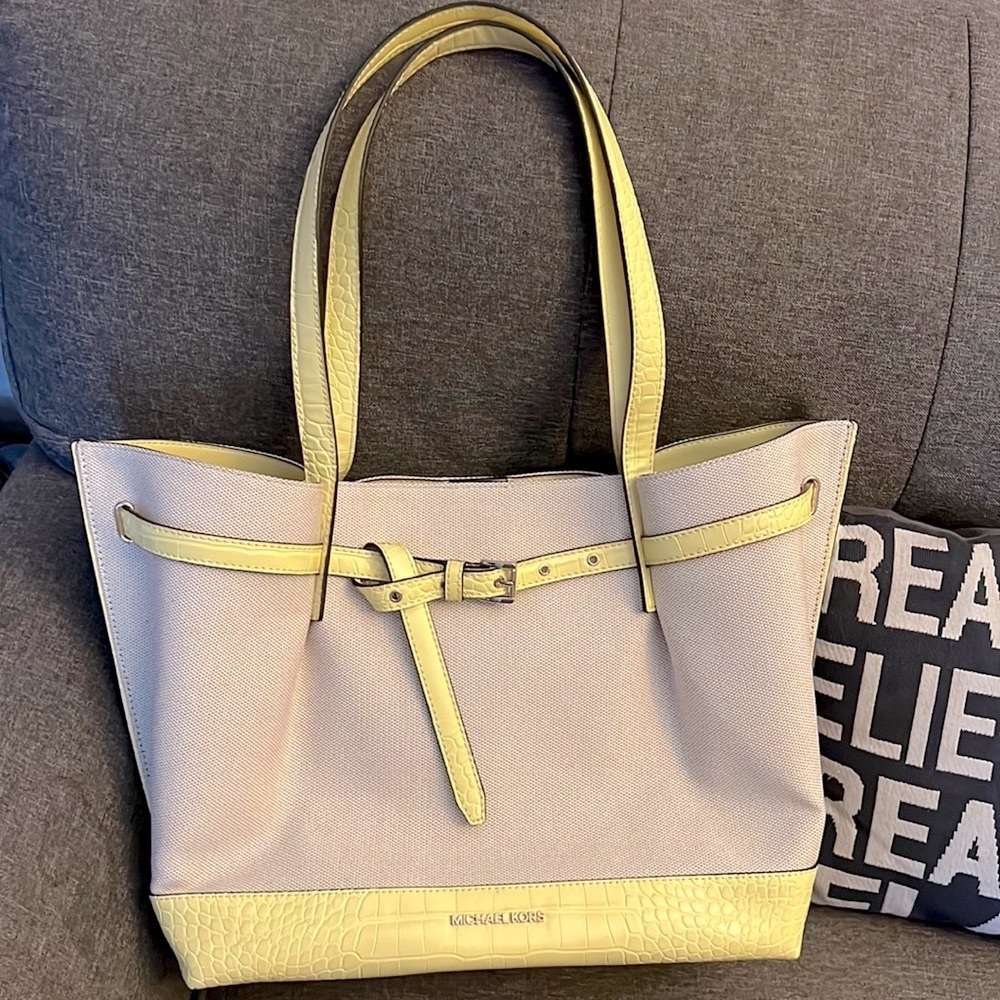 Michael Kors Large Canvas & Pale Yellow Embossed Croc Trim RARE Leather Tote NWT